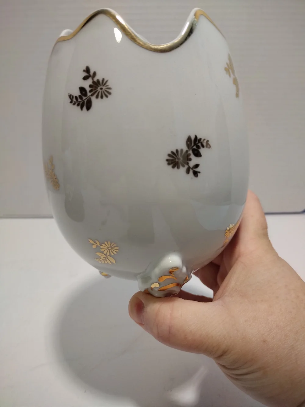 Limoges White Porcelain Floral Egg Vase with Gold Trim